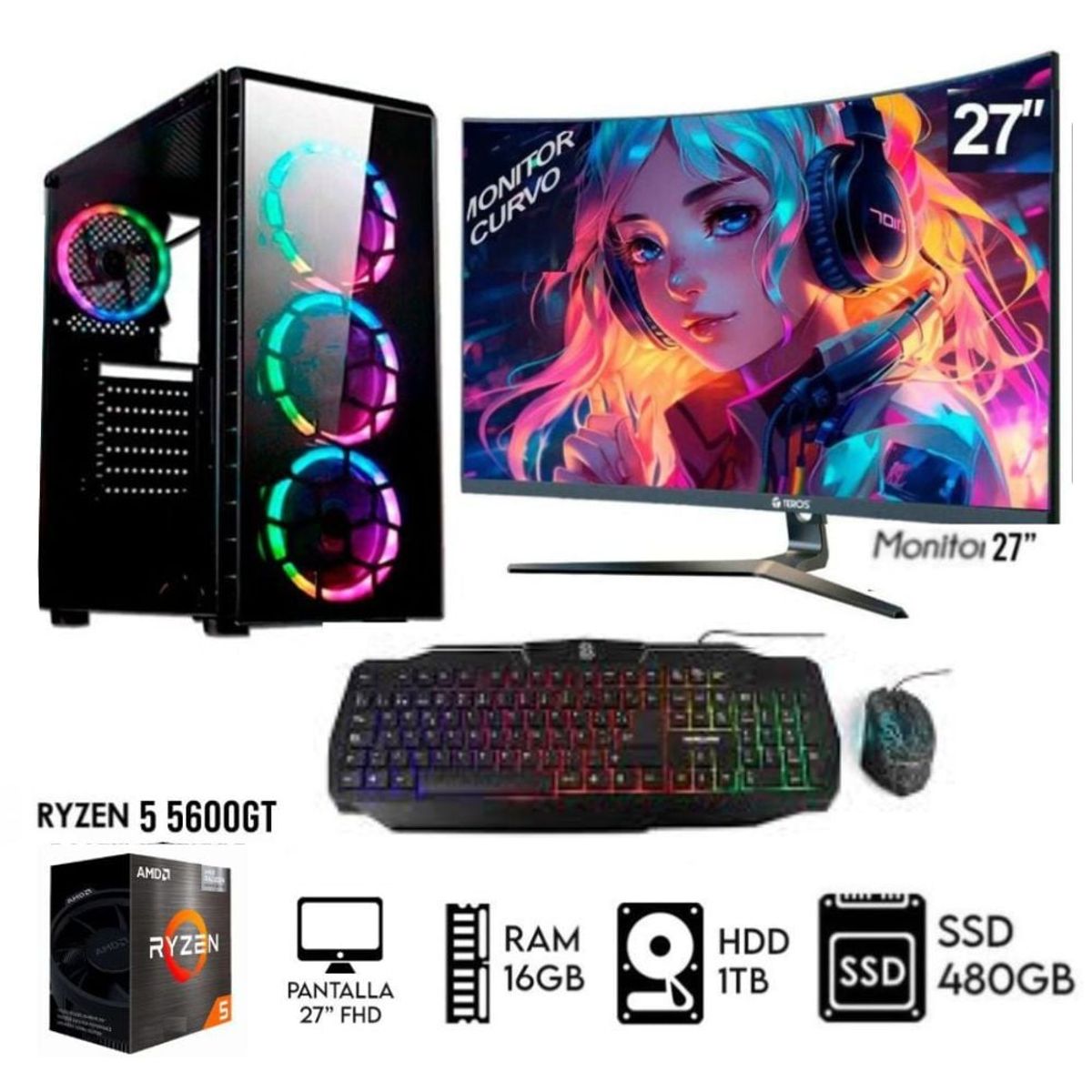 AMD - COMPUTADORA PC RYZEN 5 5600GT  RAM 16GB DISCO 1TB +SSD 480GB MONITOR 27 FULL HD