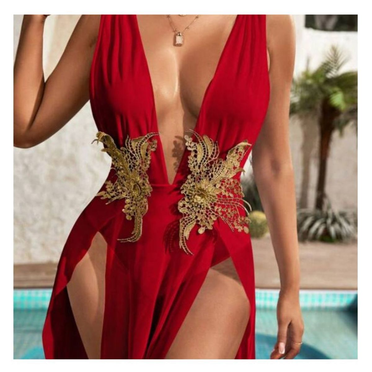 GENERICO - Vestido largo para fiesta rojo con abertura de cuello profundo