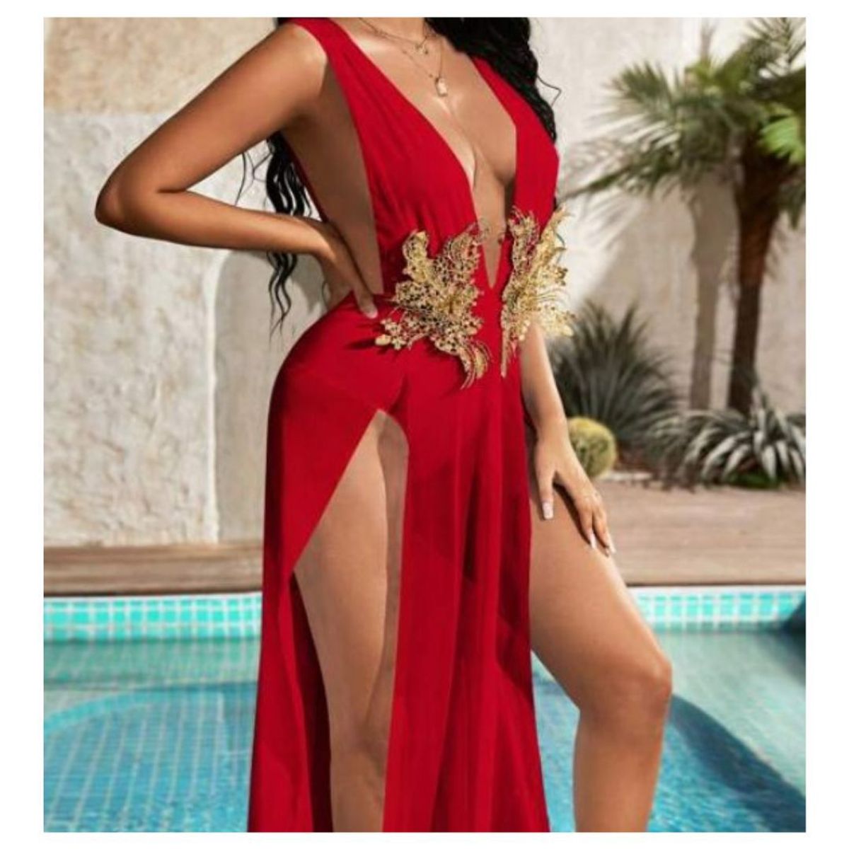 GENERICO - Vestido largo para fiesta rojo con abertura de cuello profundo