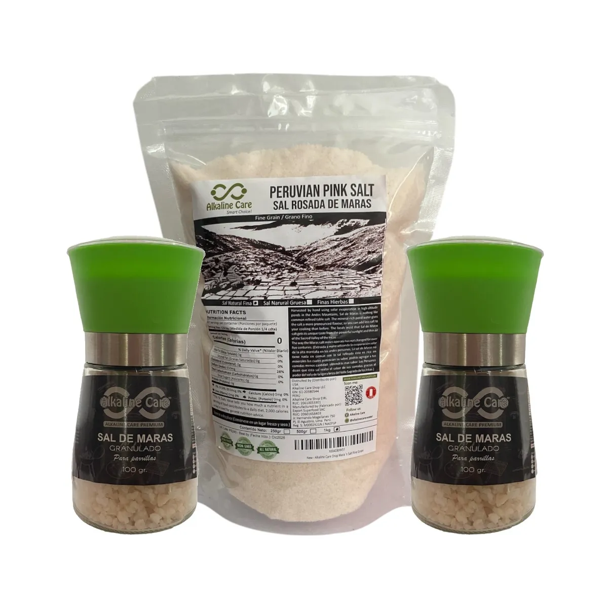 ALKALINE CARE - Sal Rosada de Maras 1kg + 2 molinillos de 100gr c/u