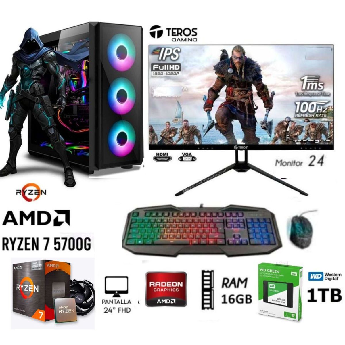 AMD - COMPUTADORA PC RYZEN 7 5700G +RAM 16GB +DISCO SSD 1TB +MONITOR 24 FHD