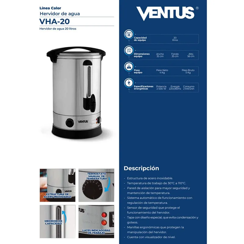 Hervidor Electrico Ventus 20L VHA-20 Inox VENTUS