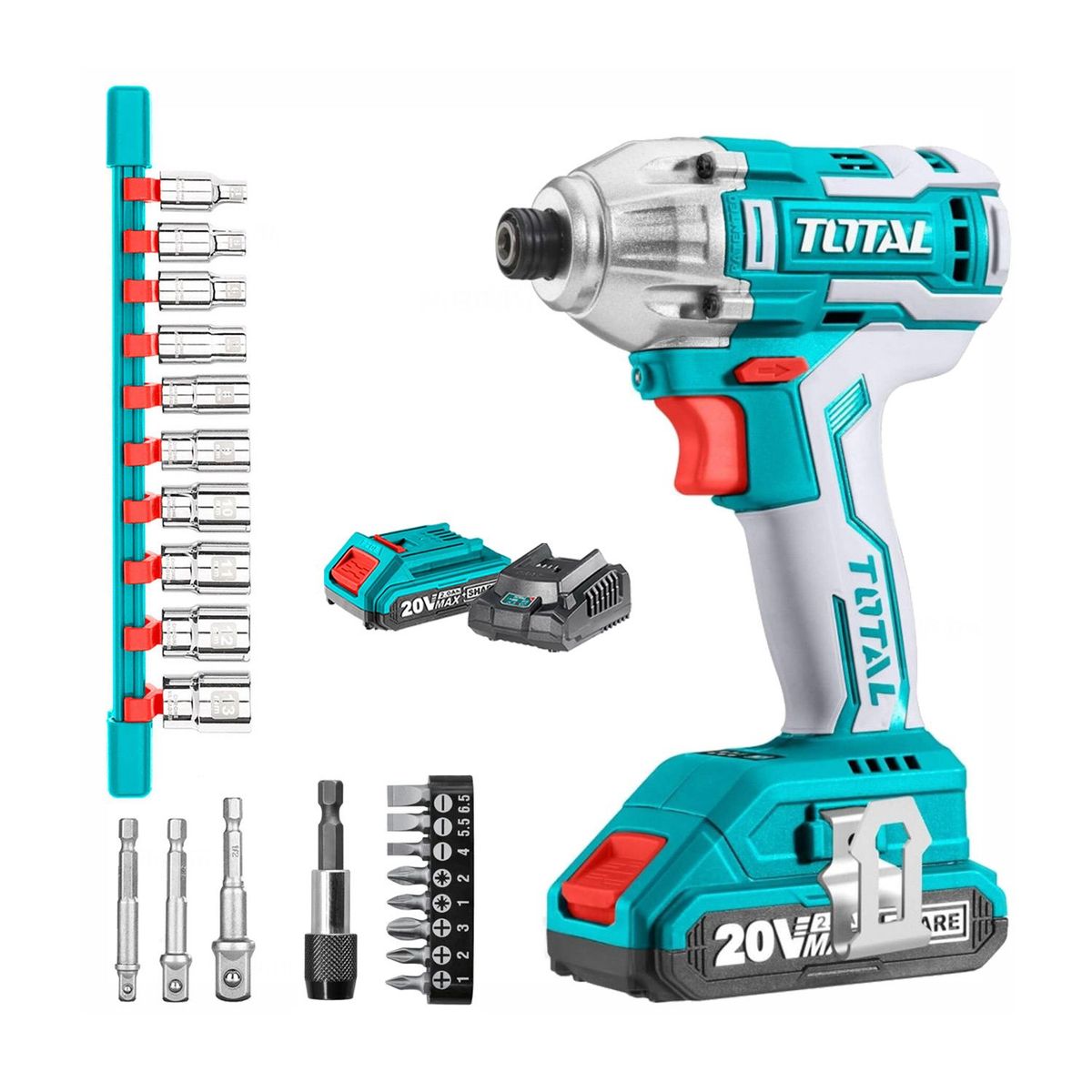 TOTAL TOOLS - ATORNILLADOR DE IMPACTO BRUSHLESS 20V DADOS CARGADOR Y BATERIA