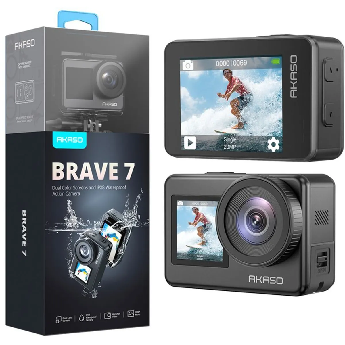 AKASO - Cámara de Acción Akaso Brave 7 4k30fps con doble pantalla y accesorios