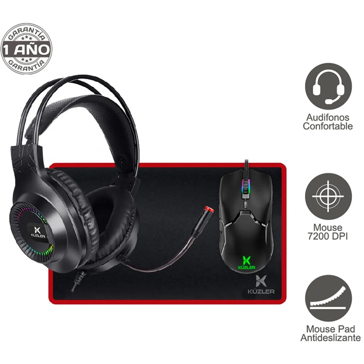 KUZLER - Kit gamer 3 en 1 audifonos gamer + mouse gamer + mouse pad kuzler