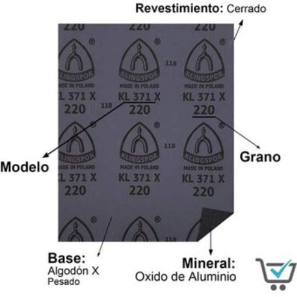 KLINGSPOR - Pack x 5 : Lija de Fierro Klingspor KL371 Grano 100 - Gris
