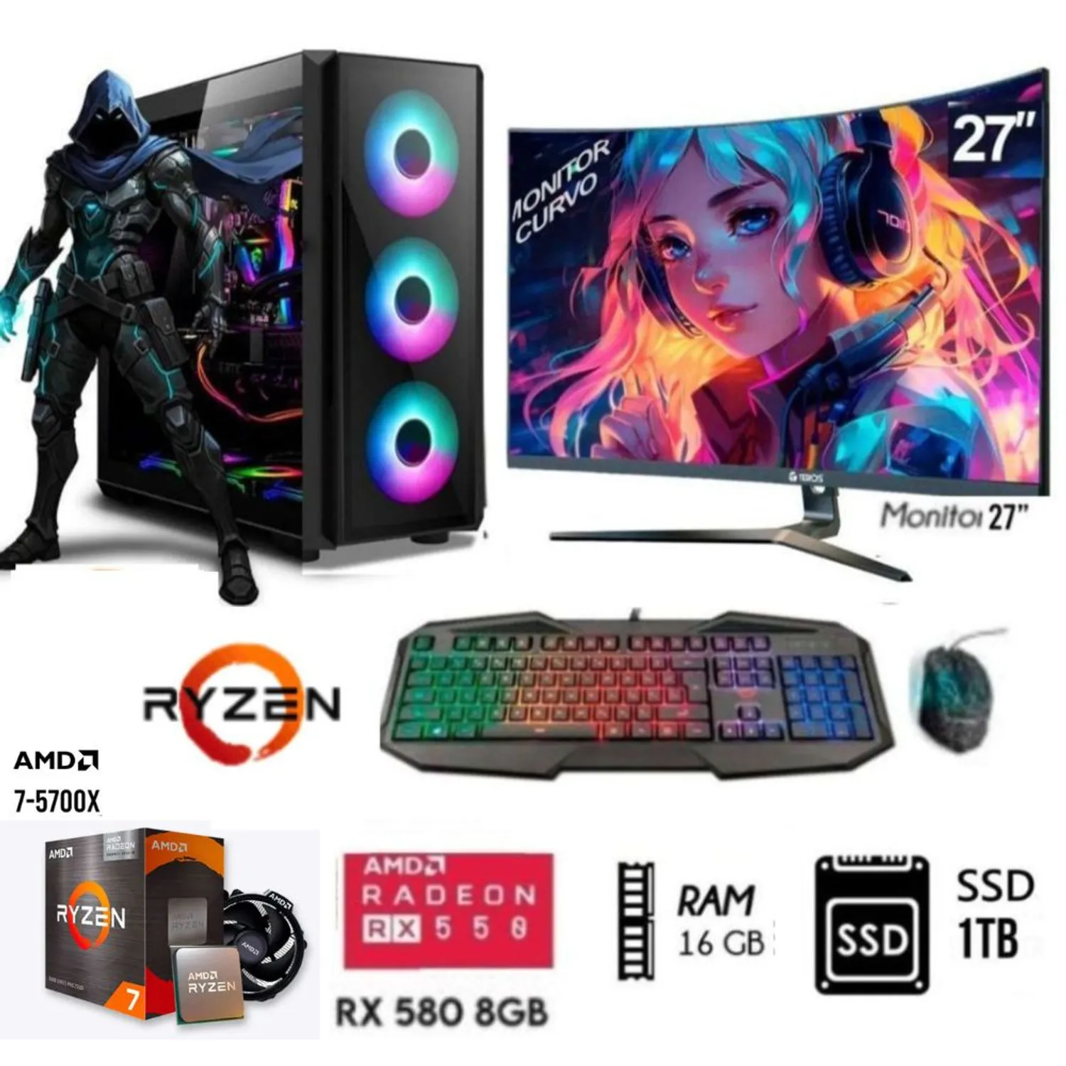 Computadora PC Gamer RYZEN 7 5700X +Ram 16GB +DISCO SSD 1TB +RX