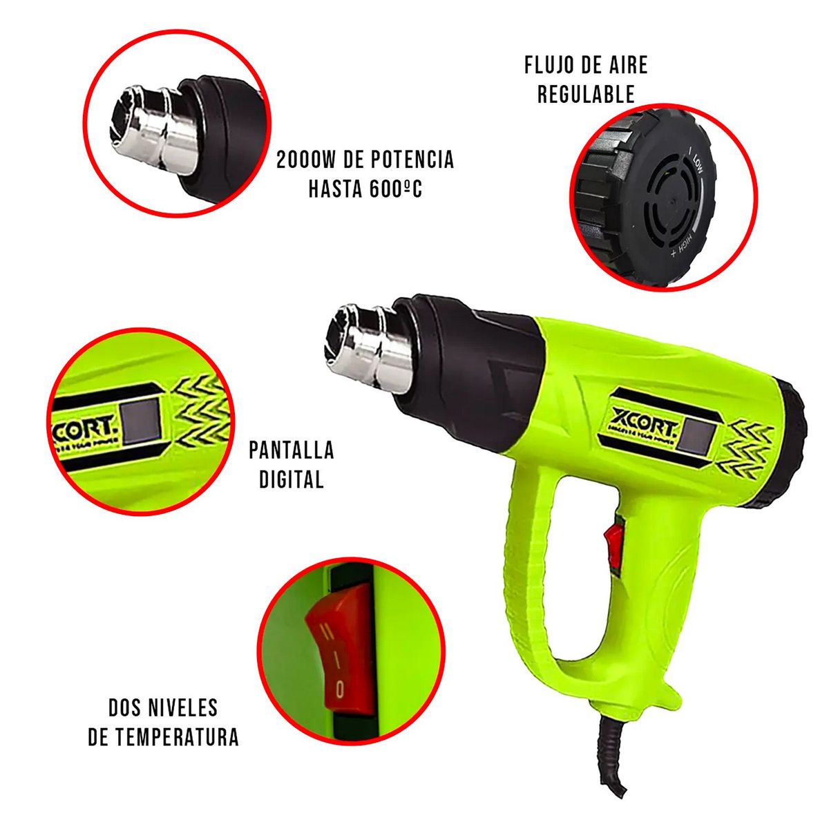 XCORT - Pistola de Calor 2000W 600ºc con Pantalla Lcd XCORT Xqb07-2000