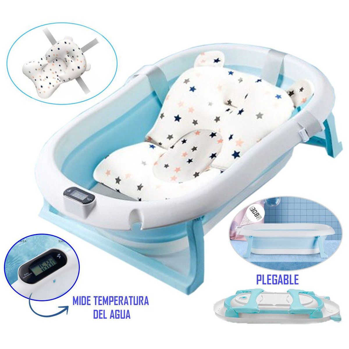 DOUX BEBE - Bañera Tina de Baño con Termómetro Digital Azul