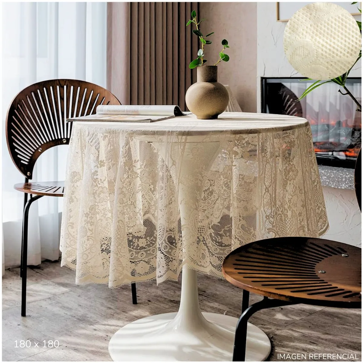 INSPIRA MARKET - Mantel de Mesa Encaje Hilo Circular 180cm x 180cm