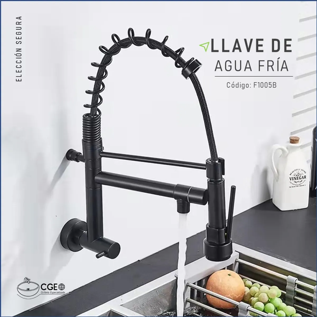 GENERICO - GRIFERÍA PARA COCINA RESORTE A LA PARED EN NEGRO MATE F1005B