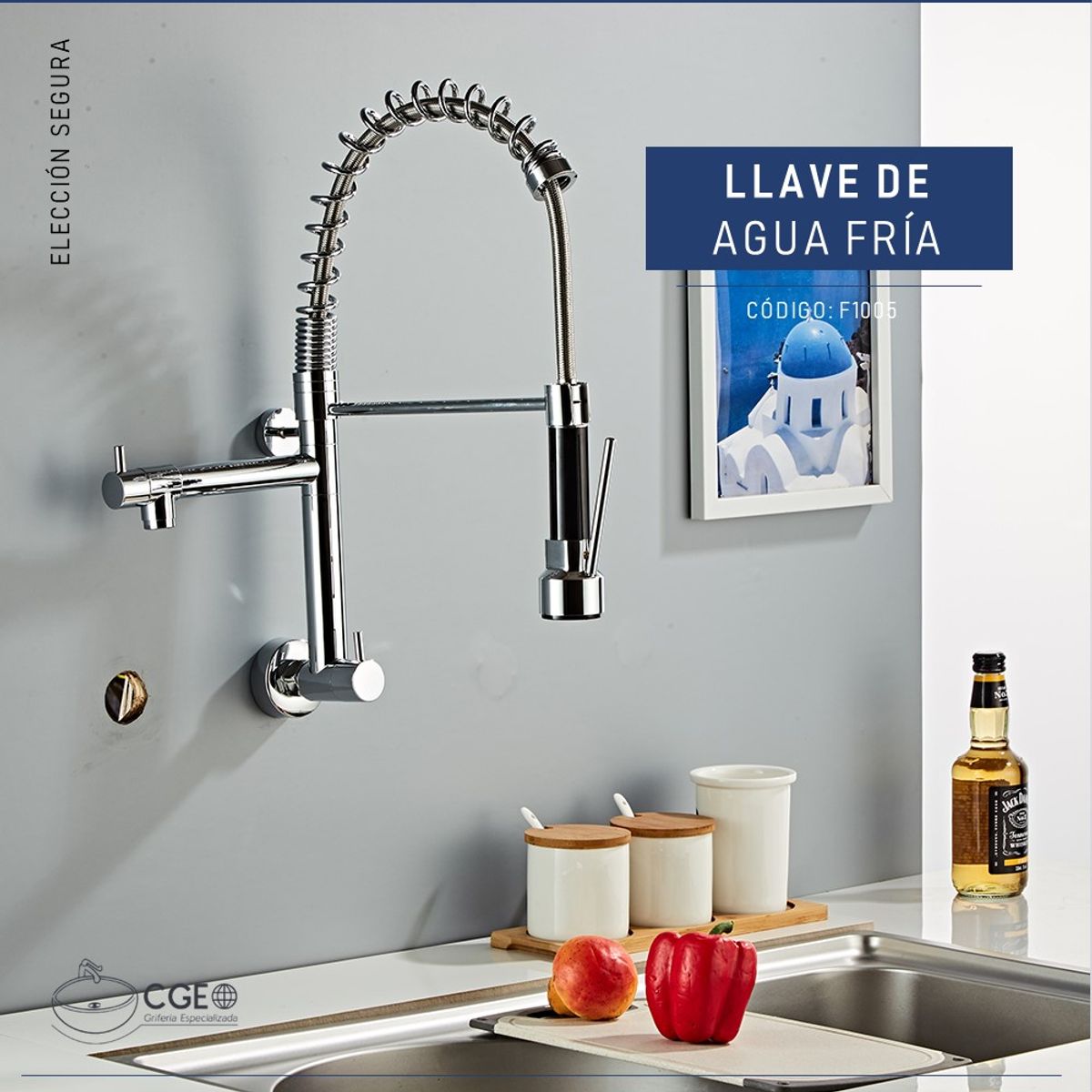 GENERICO - GRIFERÍA PARA COCINA RESORTE A LA PARED EN BRONCE CROMADO  F1005