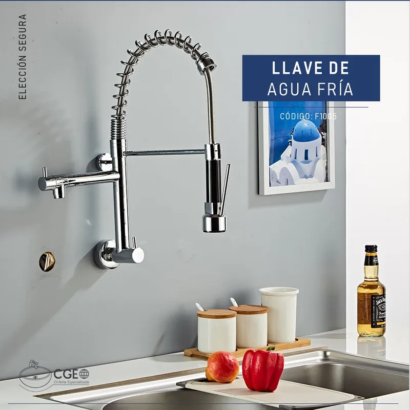 GRIFERÍA PARA COCINA RESORTE A LA PARED EN BRONCE CROMADO F1005