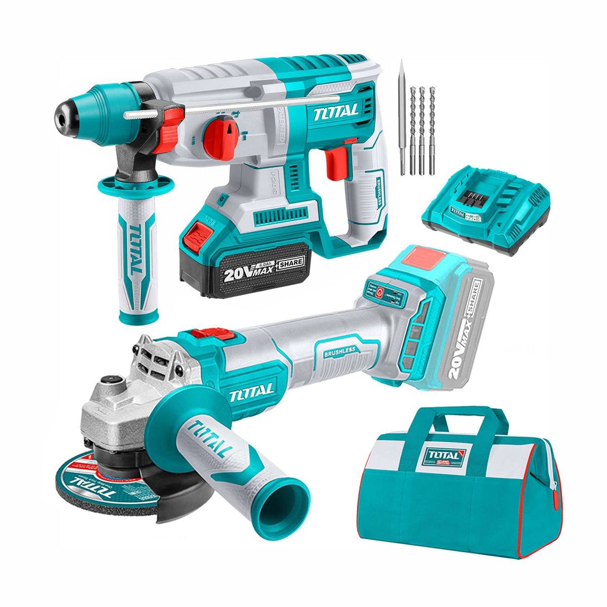 TOTAL TOOLS - COMBO 20V BRUSHLLES TOTAL TALADRO ROTOMARTILLO AMOLADORA 115MM