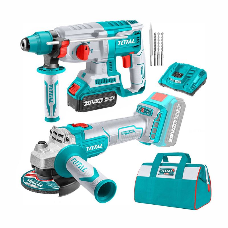 TOTAL TOOLS - COMBO 20V BRUSHLLES TOTAL TALADRO ROTOMARTILLO AMOLADORA 115MM