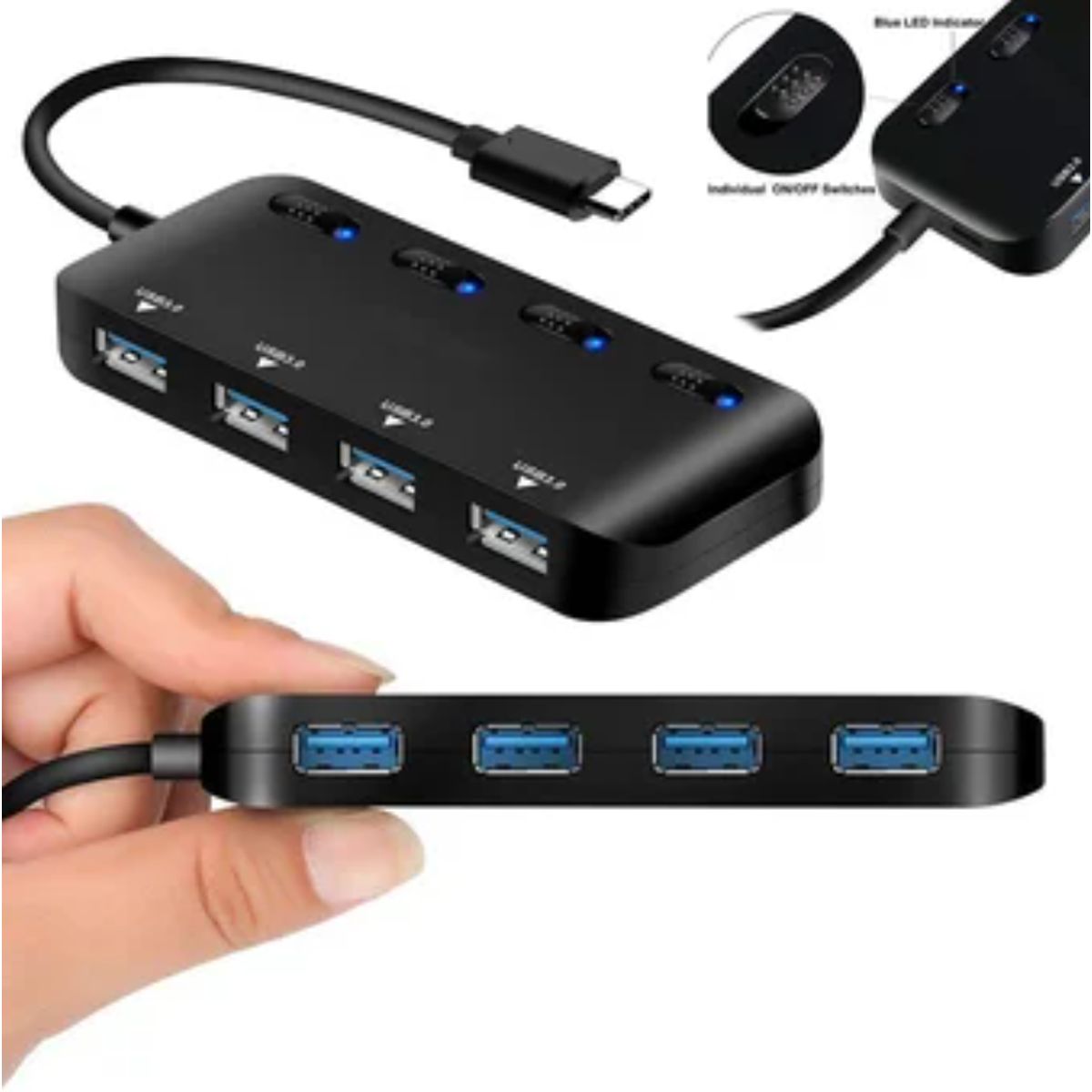 GENERICO - Hub 4 Puertos independientes Usb 3.0 Tipo C 5gbps Indicador led
