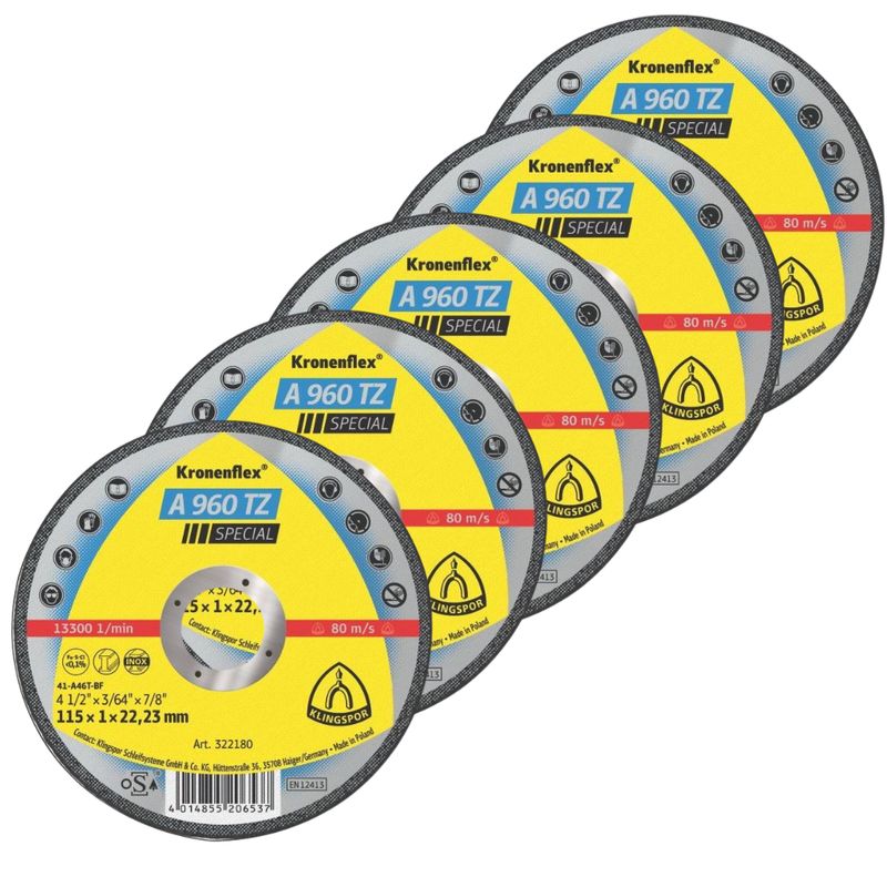 KLINGSPOR - Pack x 5 : Disco Corte Inox. 4.1/2" x 7/8" x 1mm Klingspor A960TZ  -  Negro