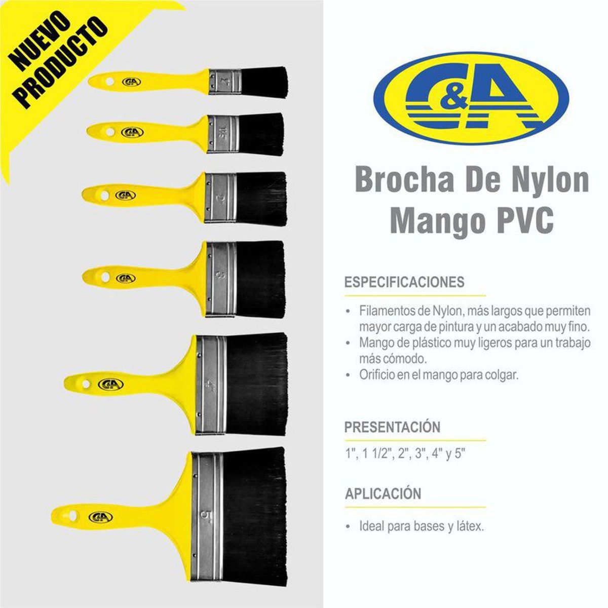 C AND A TOOLS - Brocha de Nylon Mango PVC C&A 1"  -  Amarillo
