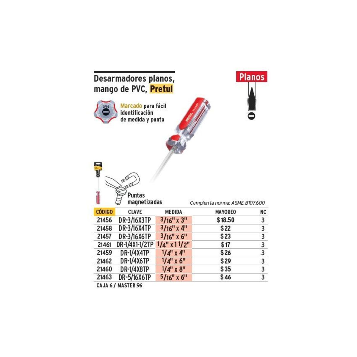 PRETUL - Desarmador Plano 3/16" x 4" Mango PVC Pretul 21458 - Rojo