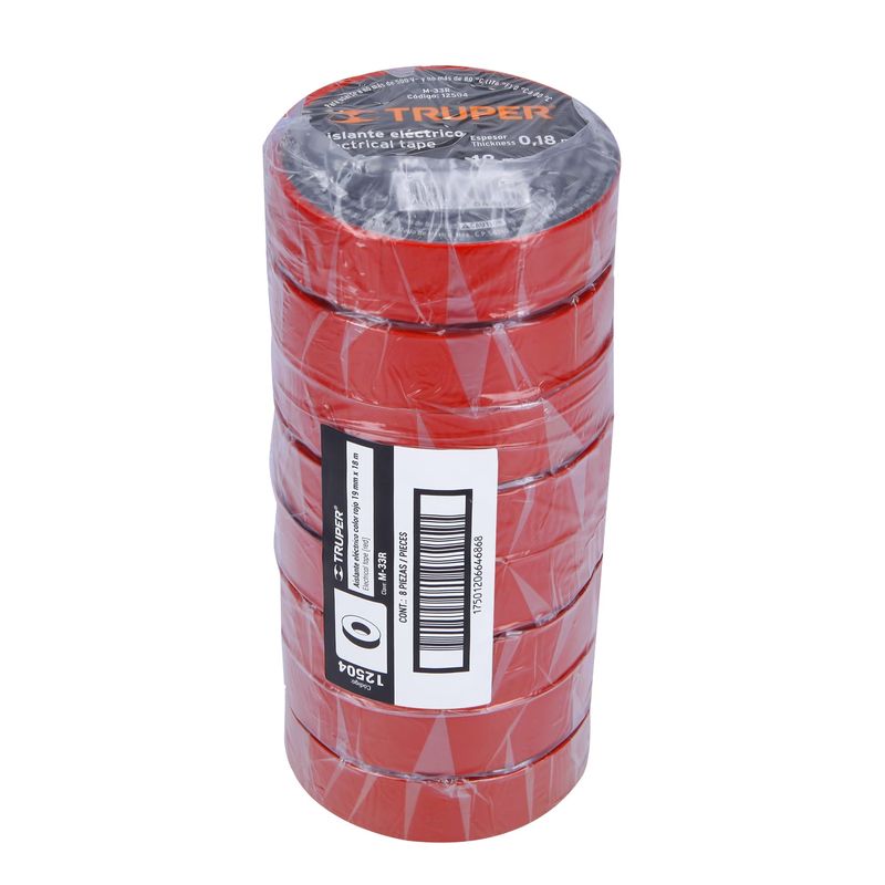 TRUPER - Pack x 8 : Cinta Aislante Truper 3/4" x 18m 12504 - Roja