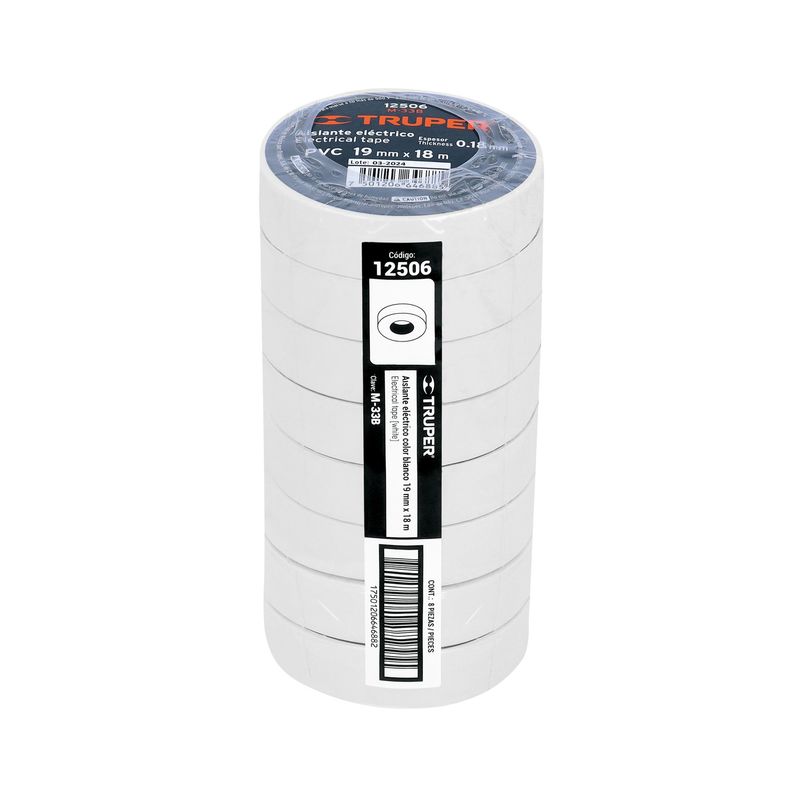 TRUPER - Pack x 8 : Cinta Aislante Truper 3/4" x 18m 12506 - Blanco