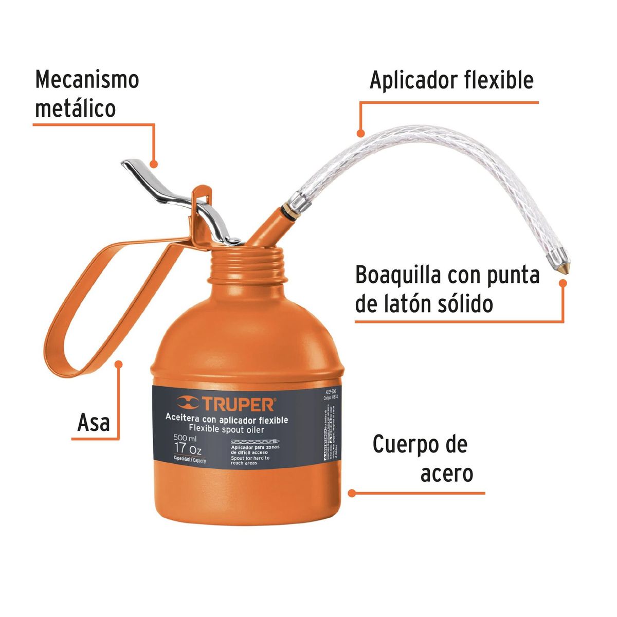 TRUPER - Aceitera Flexible 500ml Con Aplicador Truper 14874 - Naranja