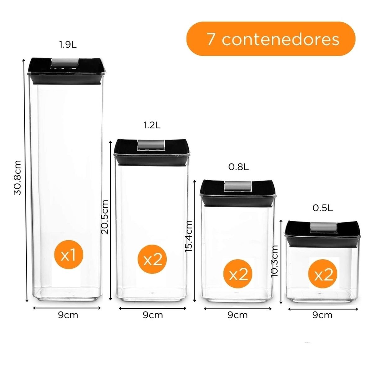 MINARI - Set de 7 Contenedores Frascos Herméticos Tápers de Cocina Negro T64