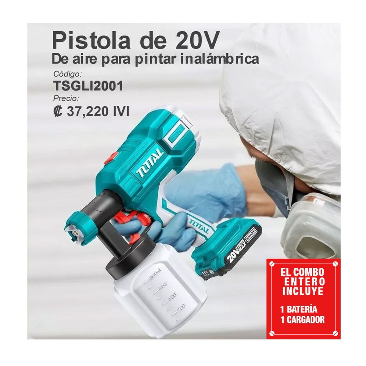 TOTAL TOOLS - PISTOLA DE PINTAR 20V COMPRESOR INALAMBRICO BAT 4 AH TOTAL