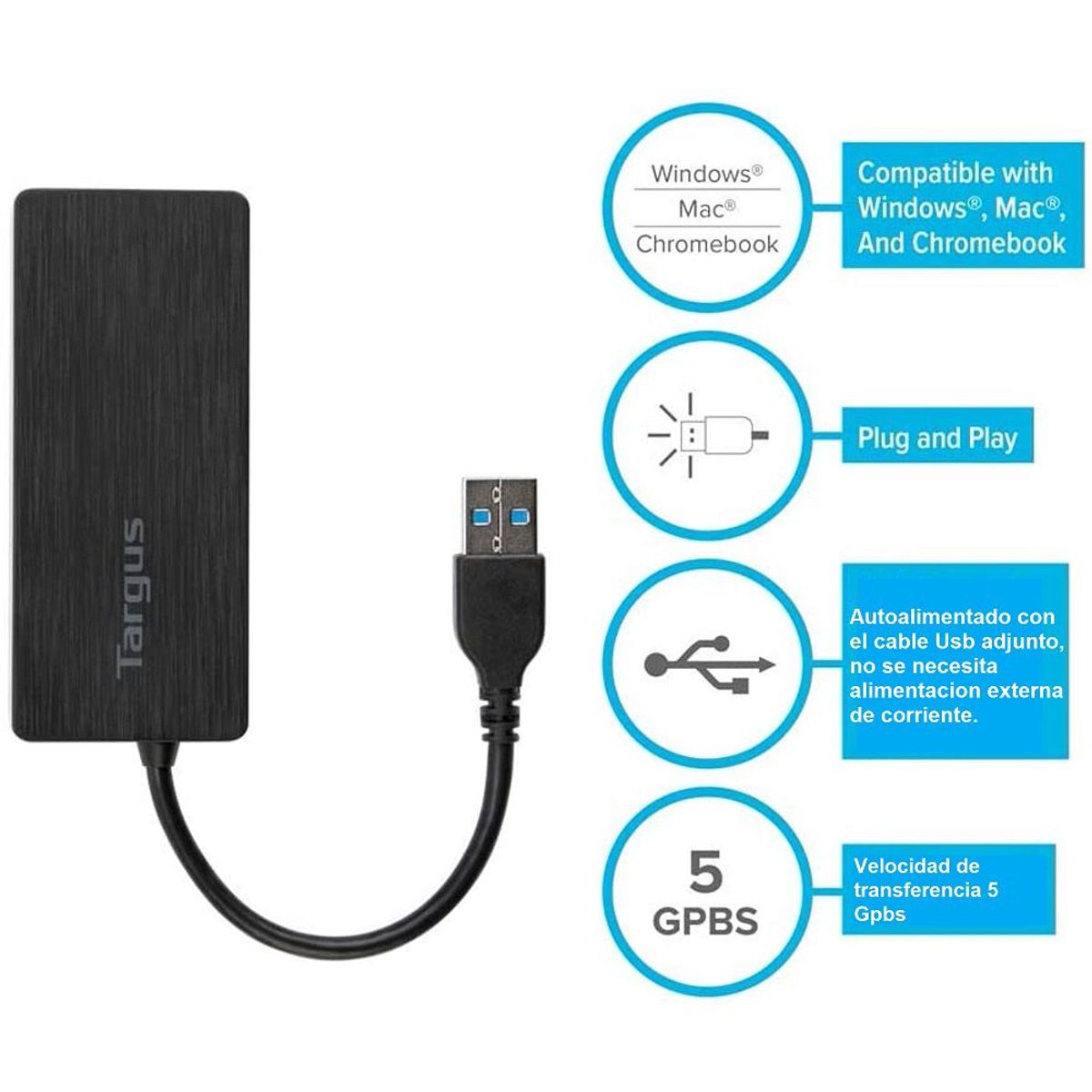 TARGUS - Hub Usb Targus 4 Puertos Usb-A 3.0 Black Ach124Us