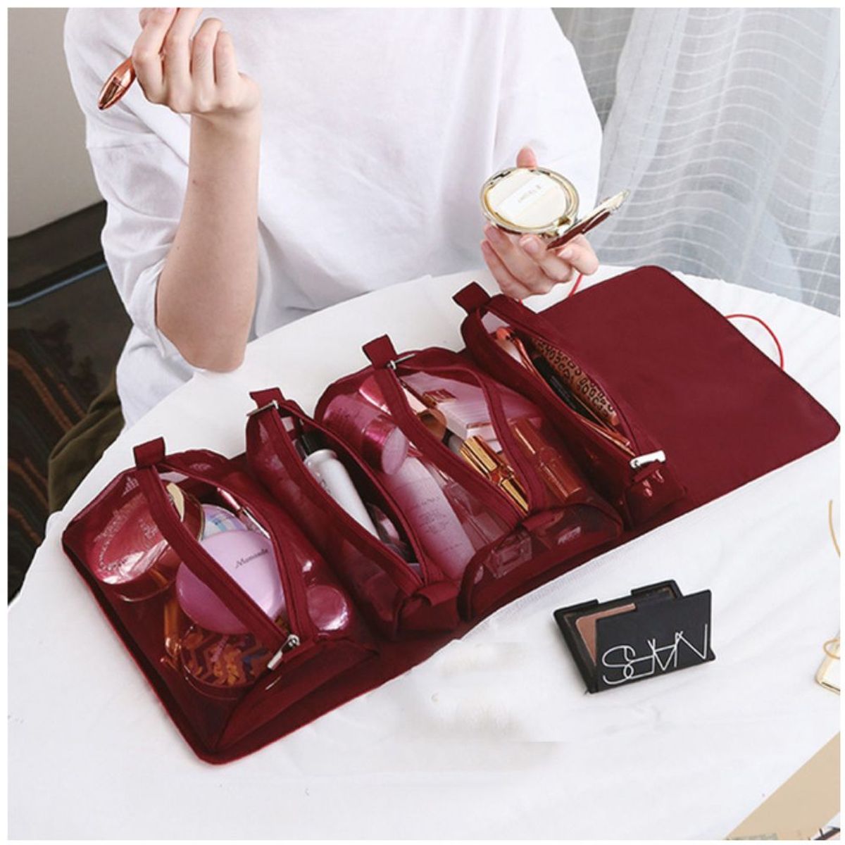 MINARI - Neceser Organizador de Maquillaje para Viaje Maleta Guinda 674N