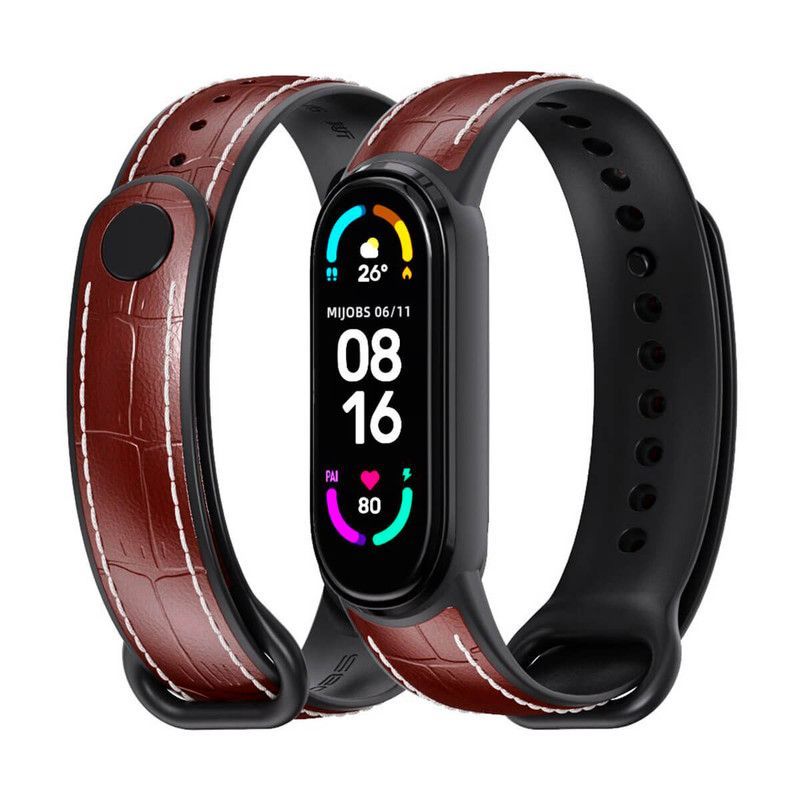 GENERICO - Correa de Cuero Xiaomi Mi Band 6 y 5 Marron Osc-NG.