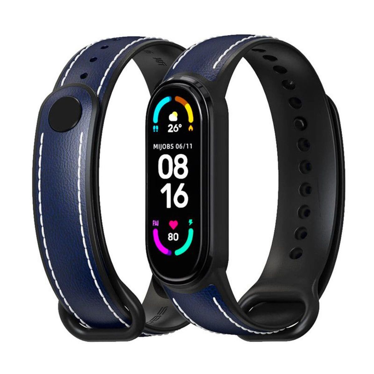 GENERICO - Correa de Cuero Xiaomi Mi Band 6 y 5 Azul-NG