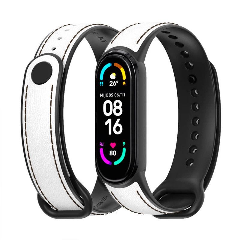 GENERICO - Correa de Cuero Xiaomi Mi Band 6 y 5 Blanco-NG.