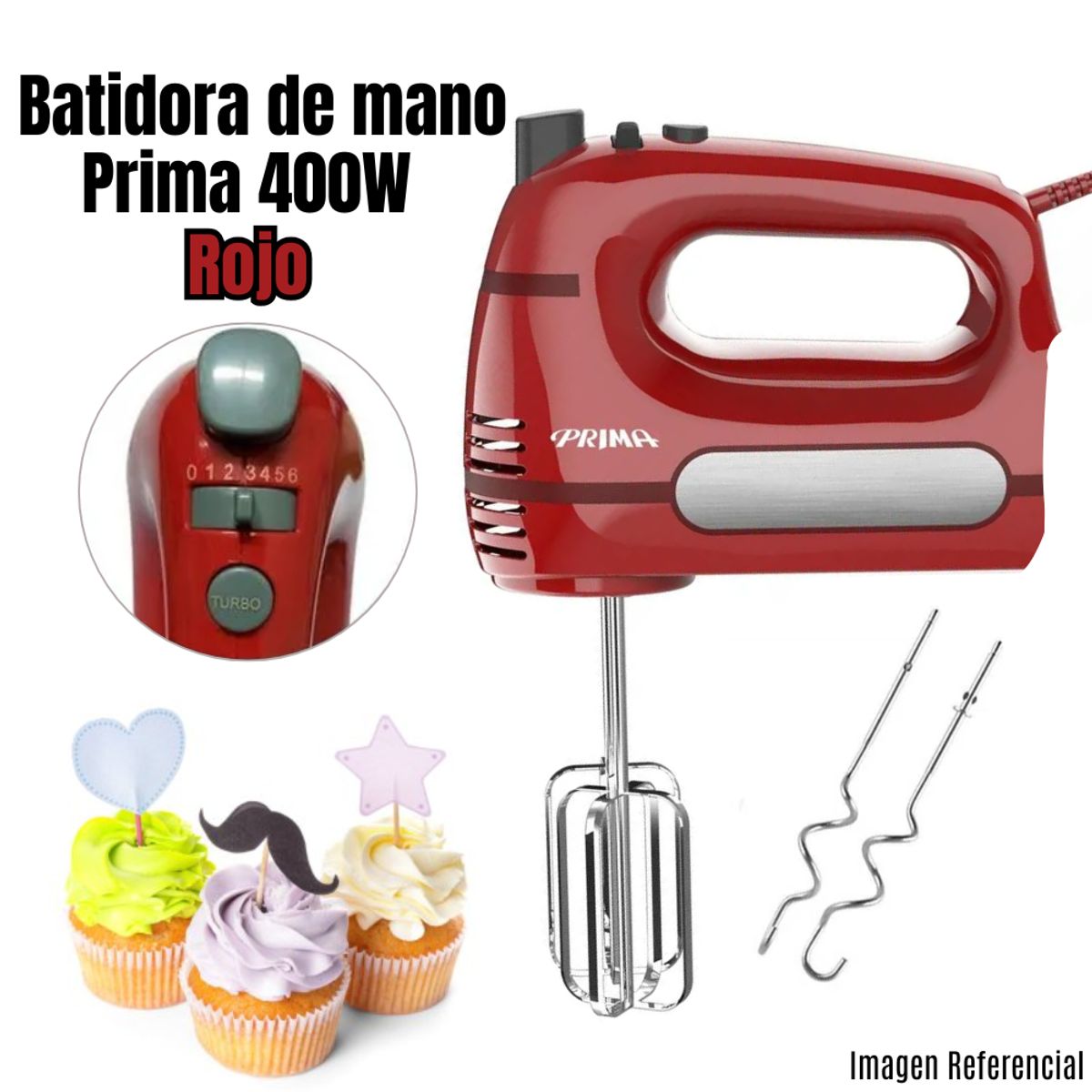 PRIMA - Batidora de Mano Prima HM 9105R con 400 Watts - Rojo