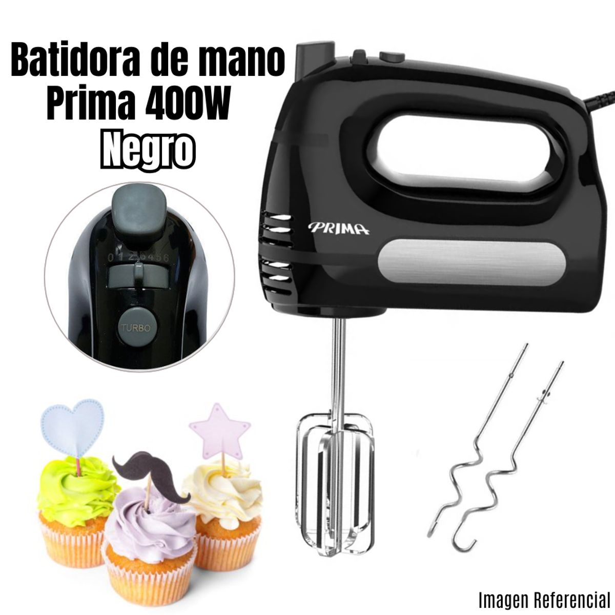 PRIMA - Batidora de Mano Prima HM 9105N con 400 Watts - Negro