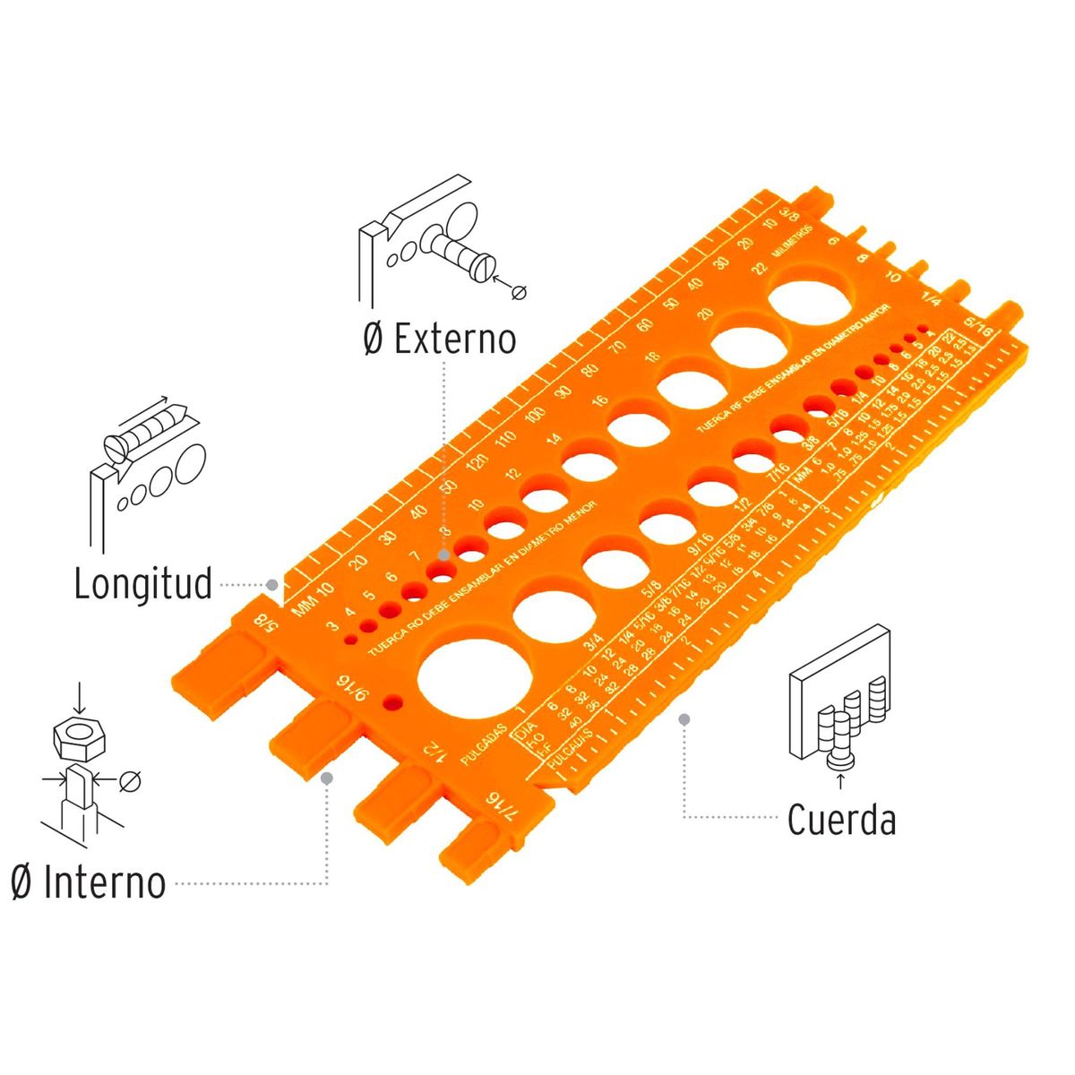 TRUPER - Regla calibrador medidora de tuercas y tornillos , 22 cm, Truper