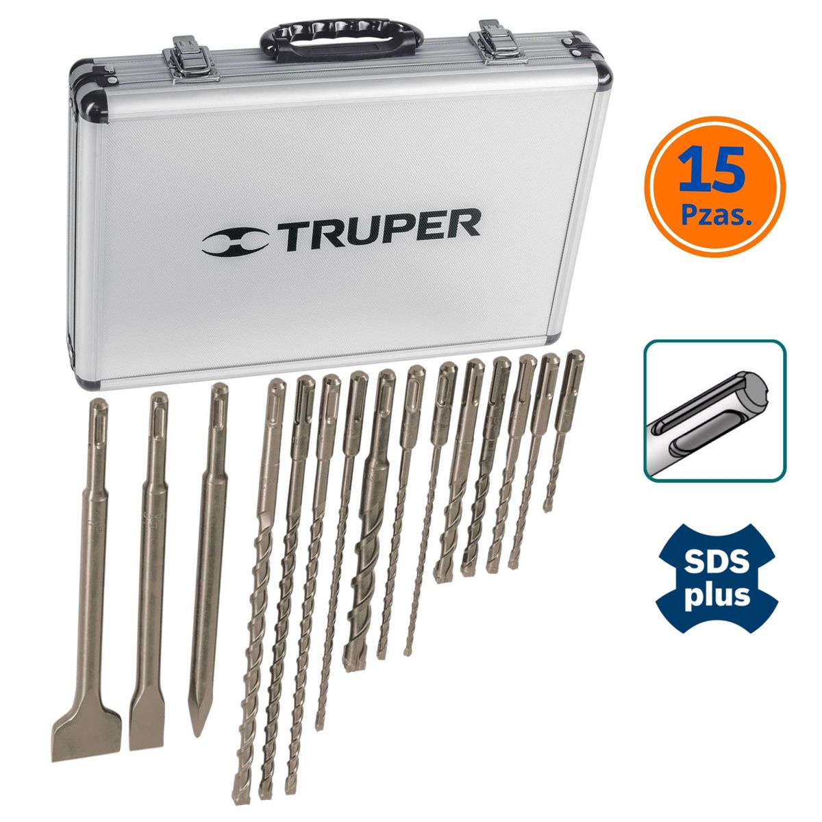 TRUPER - Juego de brocas y cinceles para ROTOMARTILLO y TALADRO 15 Pzas truper