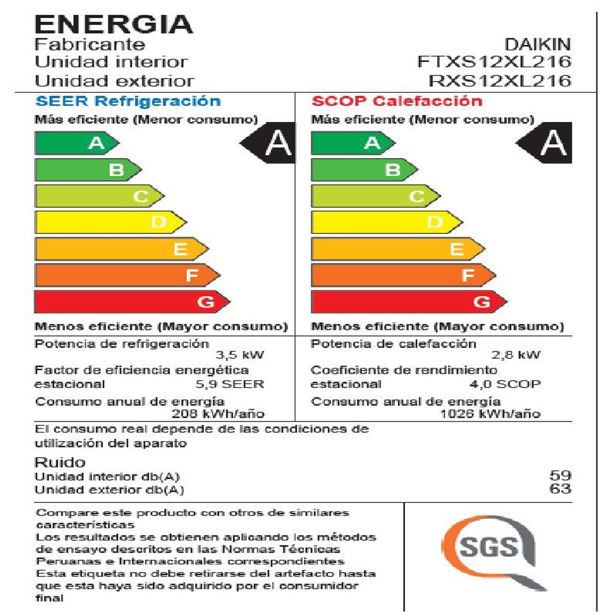 DAIKIN - Aire Acondicionado 12,000BTU/H 15 a 20m2 Frío-Calor Inverter.