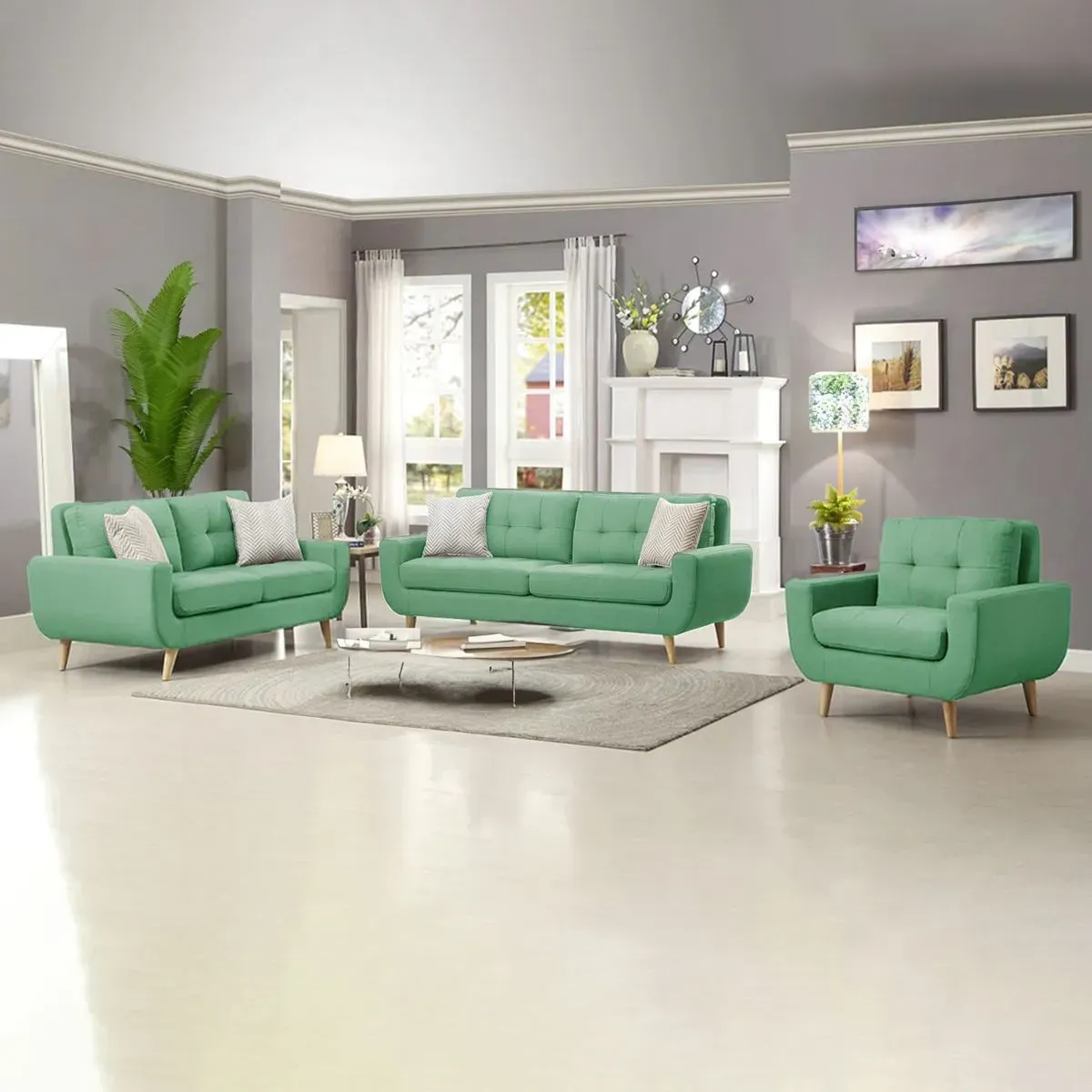 FABIANI HOME - Juego de Sala Vintage Mango 3-2-1  Cuerpos Verde jade