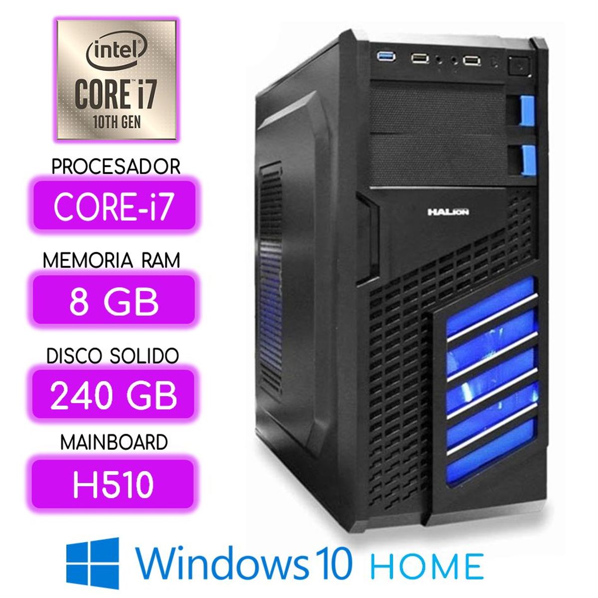 INTEL - CPU Intel CORE i7-10700  RAM 8GB  SSD 240GB Windows 10 350w computadora PC