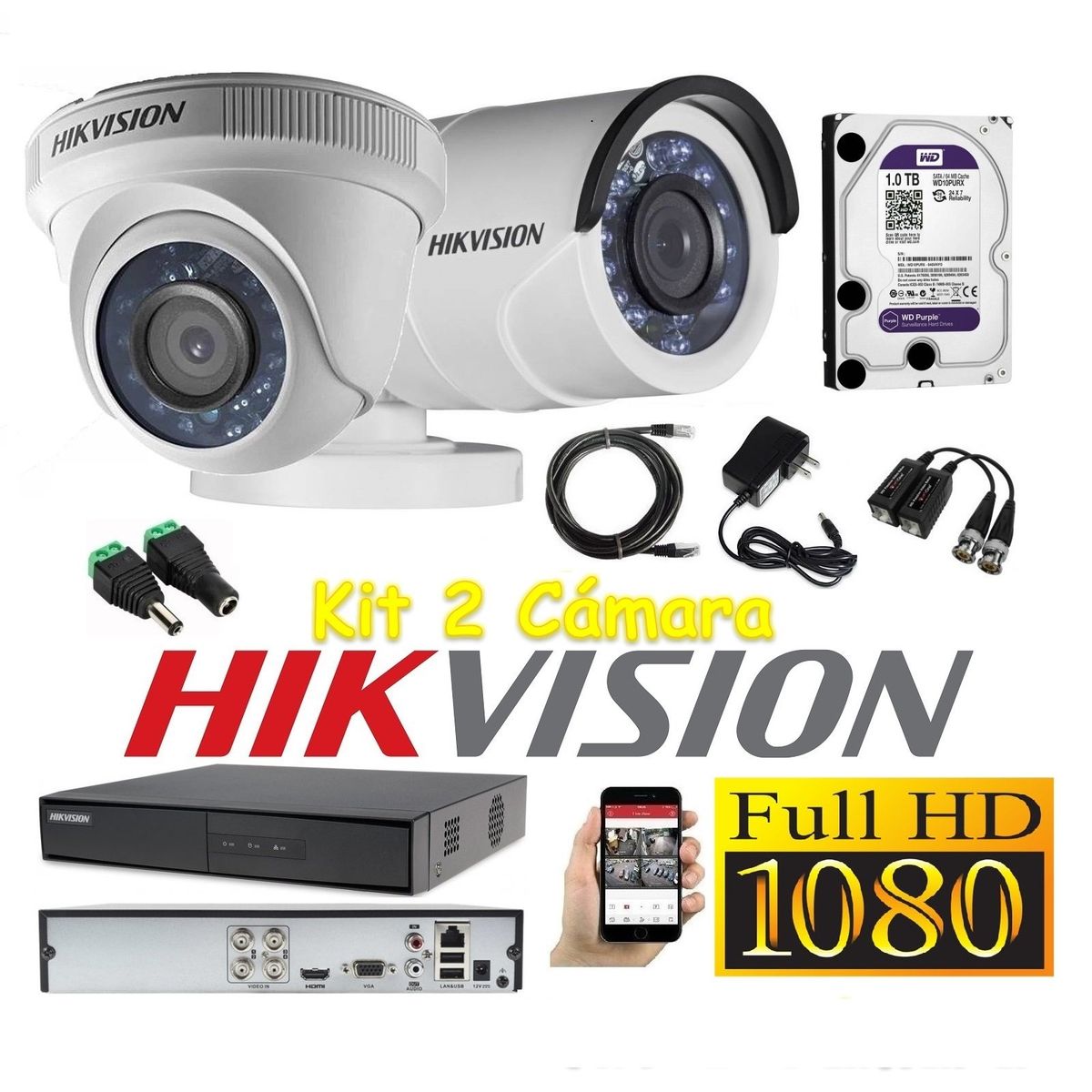 HIKVISION - kit 2 Cámaras Seguridad FULLHD Hikvision + 1tb