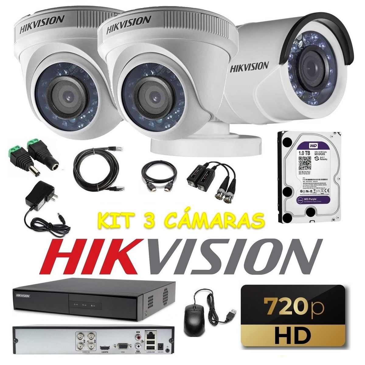 HIKVISION - kit 3 Cámaras Seguridad HD Hikvision 1tb