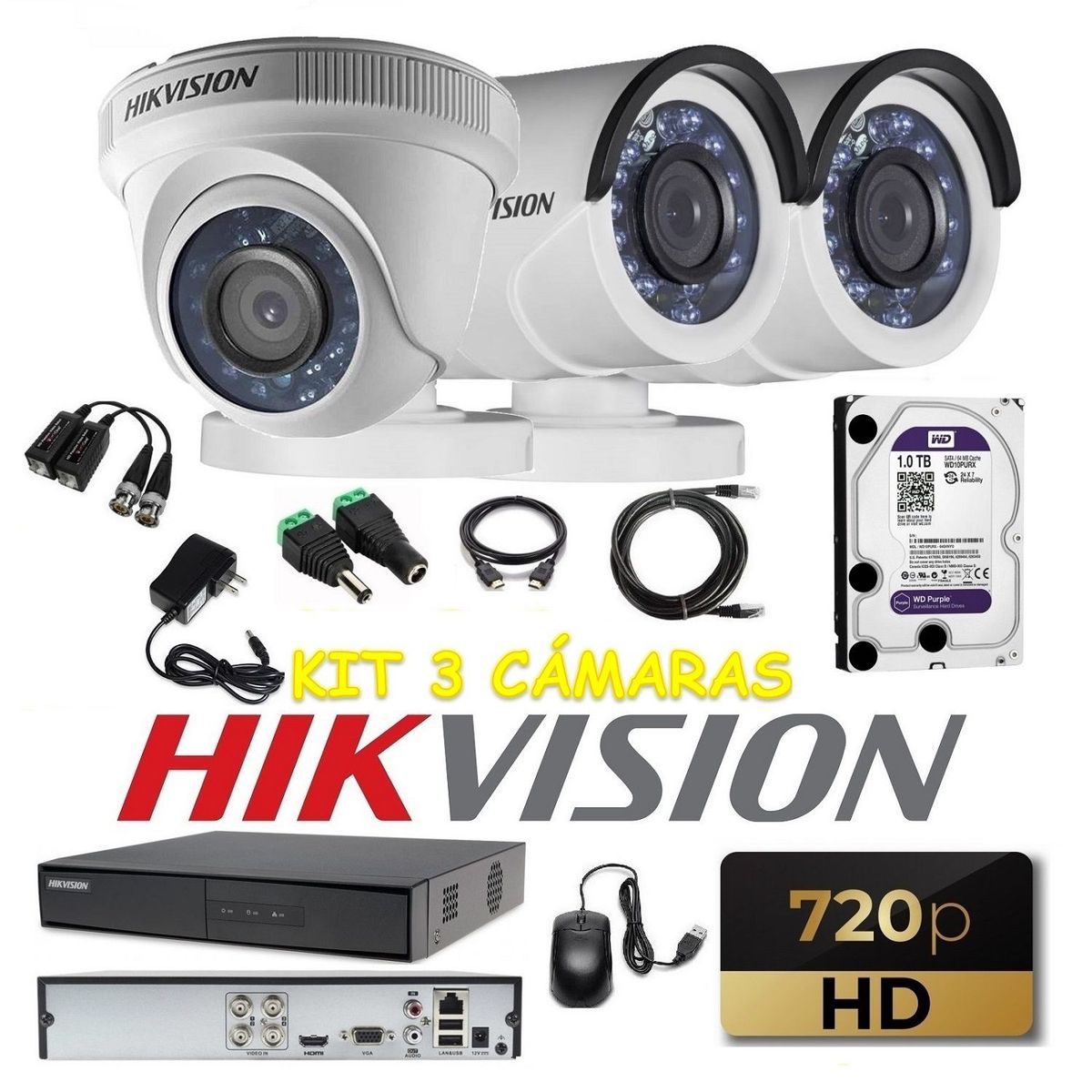 HIKVISION - kit 3 Cámaras Seguridad HD 720p Hikvision 1tb