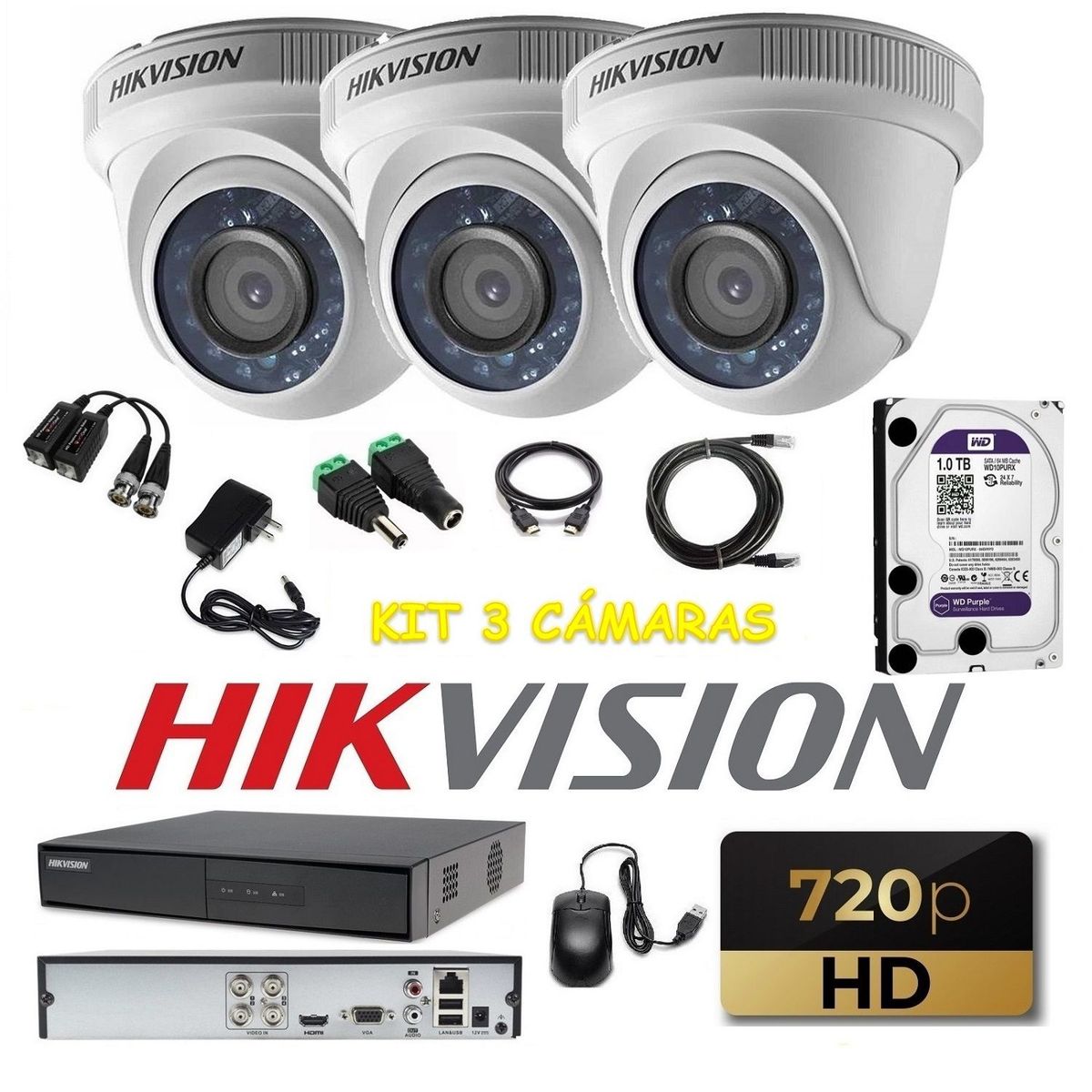 HIKVISION - kit 3 Cámaras Seguridad Domo HD Hikvision 1tb