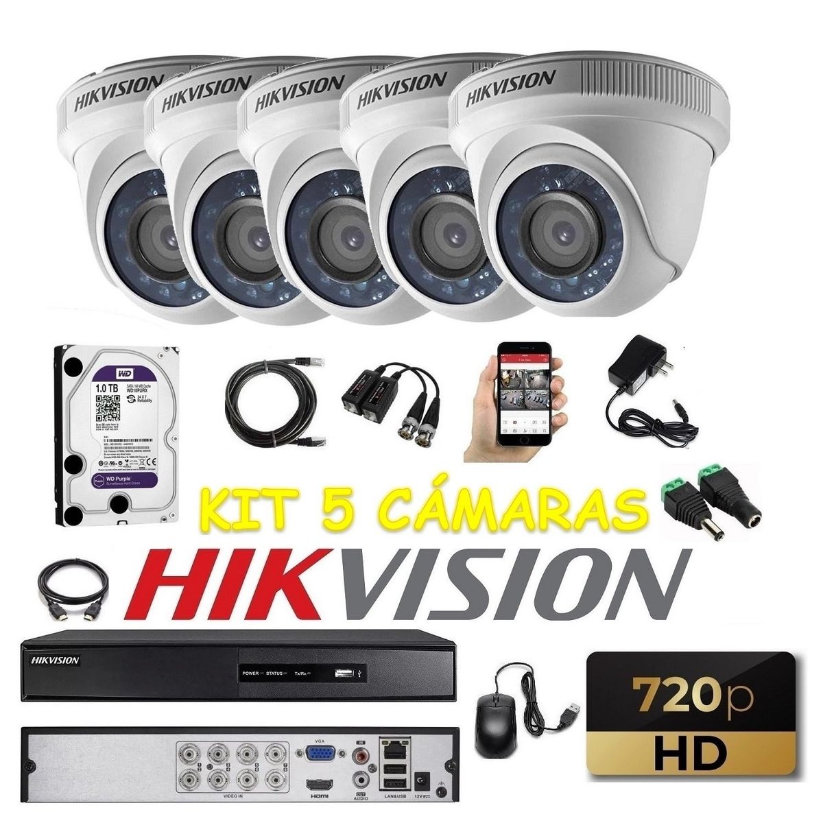 HIKVISION - kit 5 Cámaras Seguridad Domo HD Hikvision 1tb