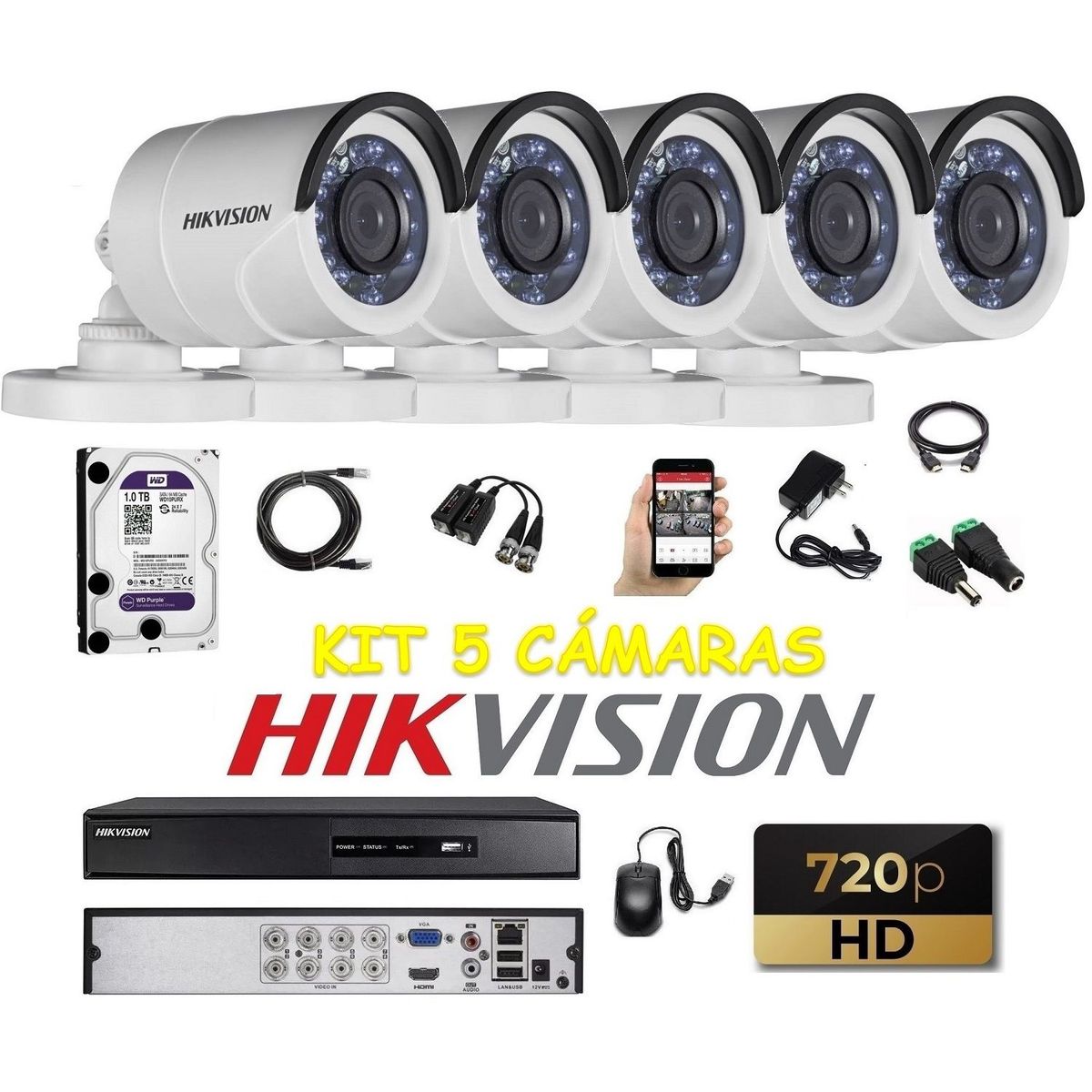 HIKVISION - kit 5 Cámaras Seguridad Tubo Exterior HD Hikvision 1tb