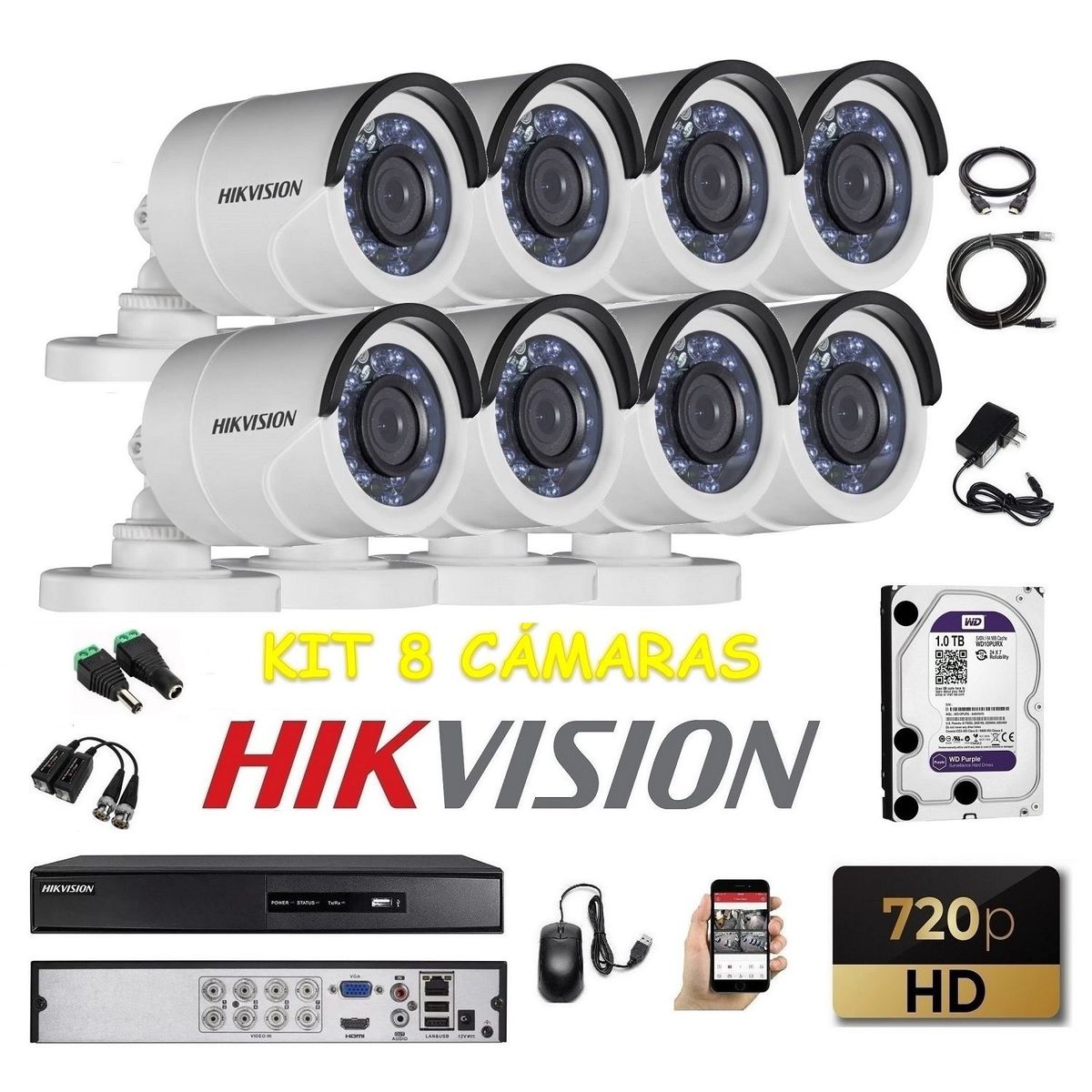 HIKVISION - kit 8 Cámaras Seguridad Tubo Exterior HD Hikvision 1tb
