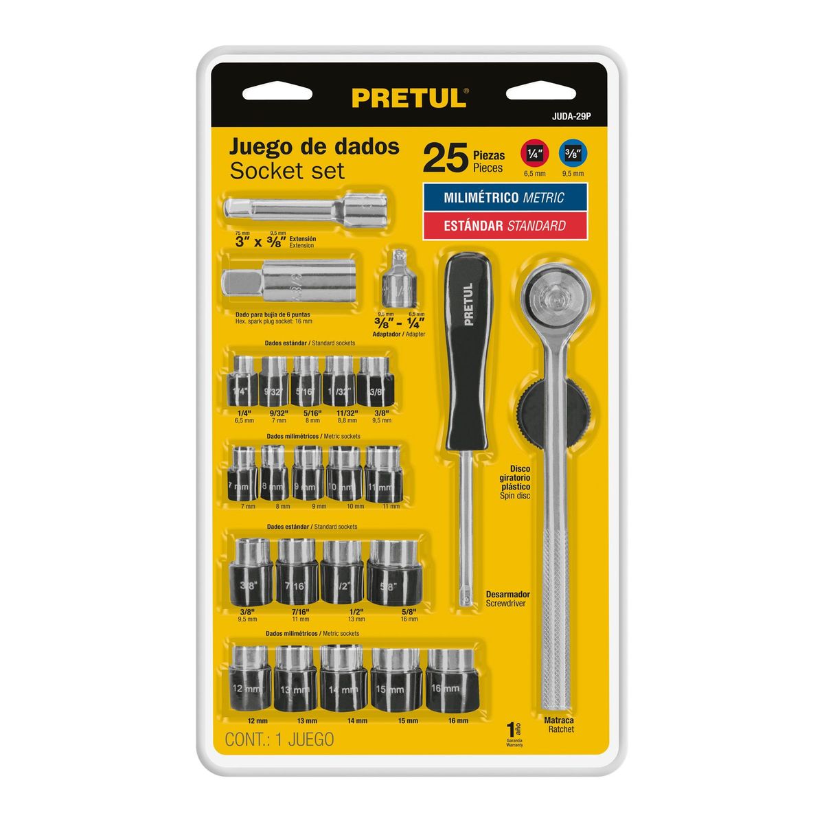 PRETUL - Juego de 25 dados 1/4" y 3/8" Pretul