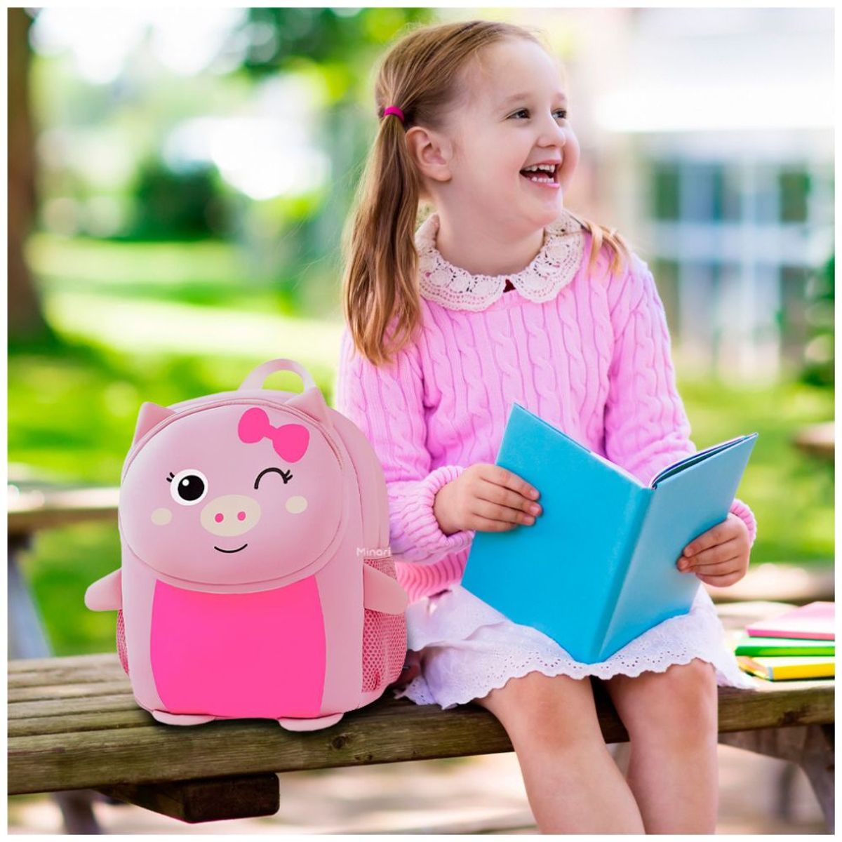 MINARI - Mochila  Escolar Infantil para Niños de Cerdito Rosado 725M