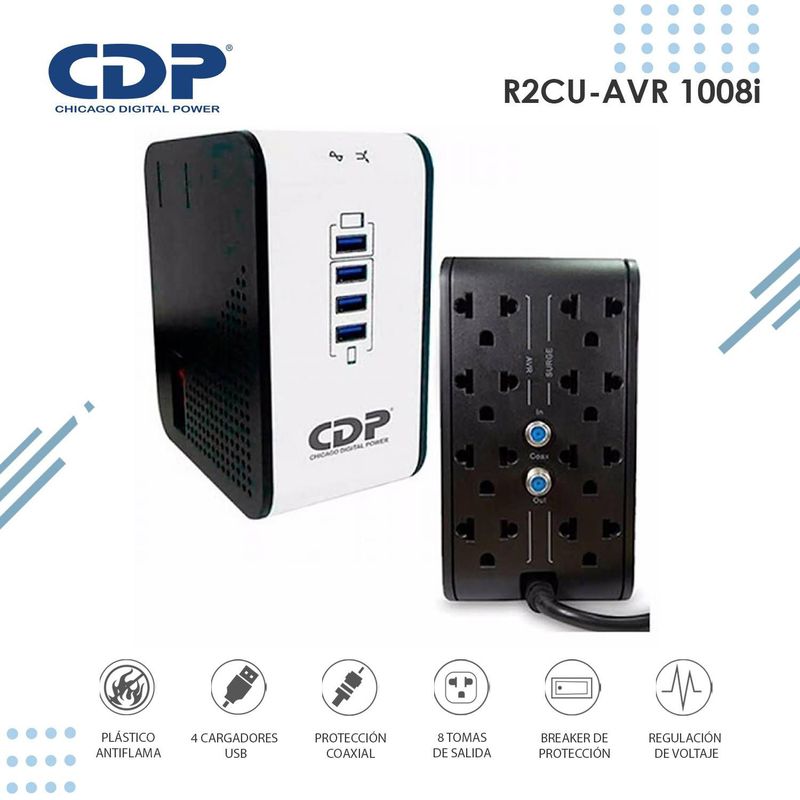 CDP - ESTABILIZADOR CDP R2CU-AVR1008I 1000VA/500W 8 SALIDAS 4 PUERTOS USB